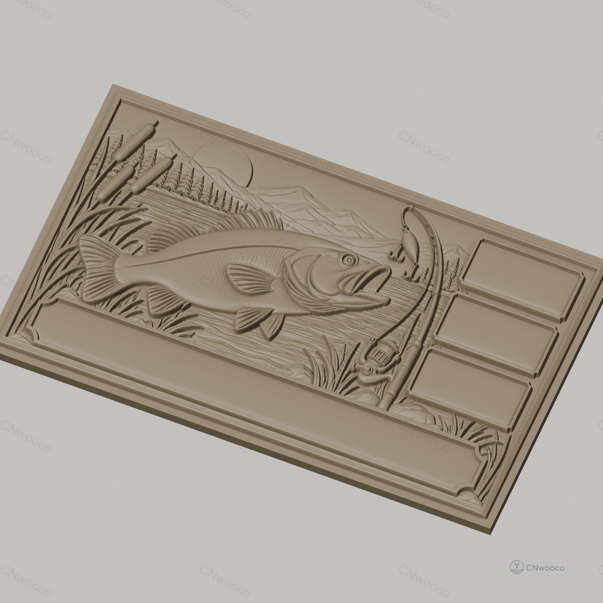 Fichier CNC & impression 3D poisson bass, canne à pêche, paysage lac haute qualité relief STL