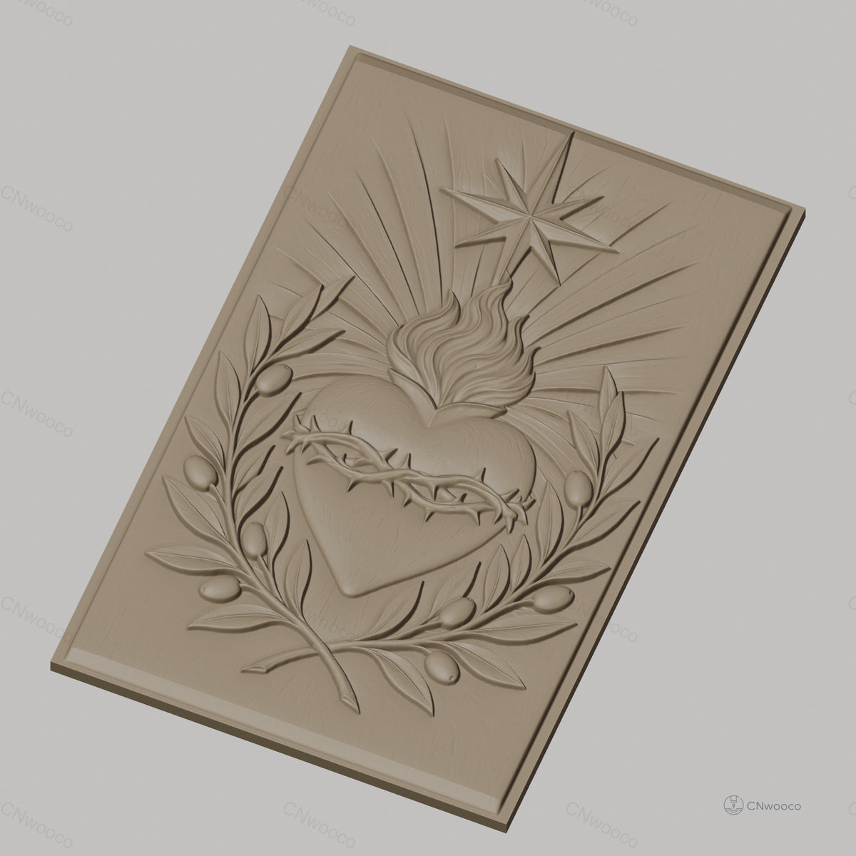 Fichier CNC & impression 3D Sacré-Cœur, cœur enflammé avec couronne d'épines et olive, haute qualité relief STL