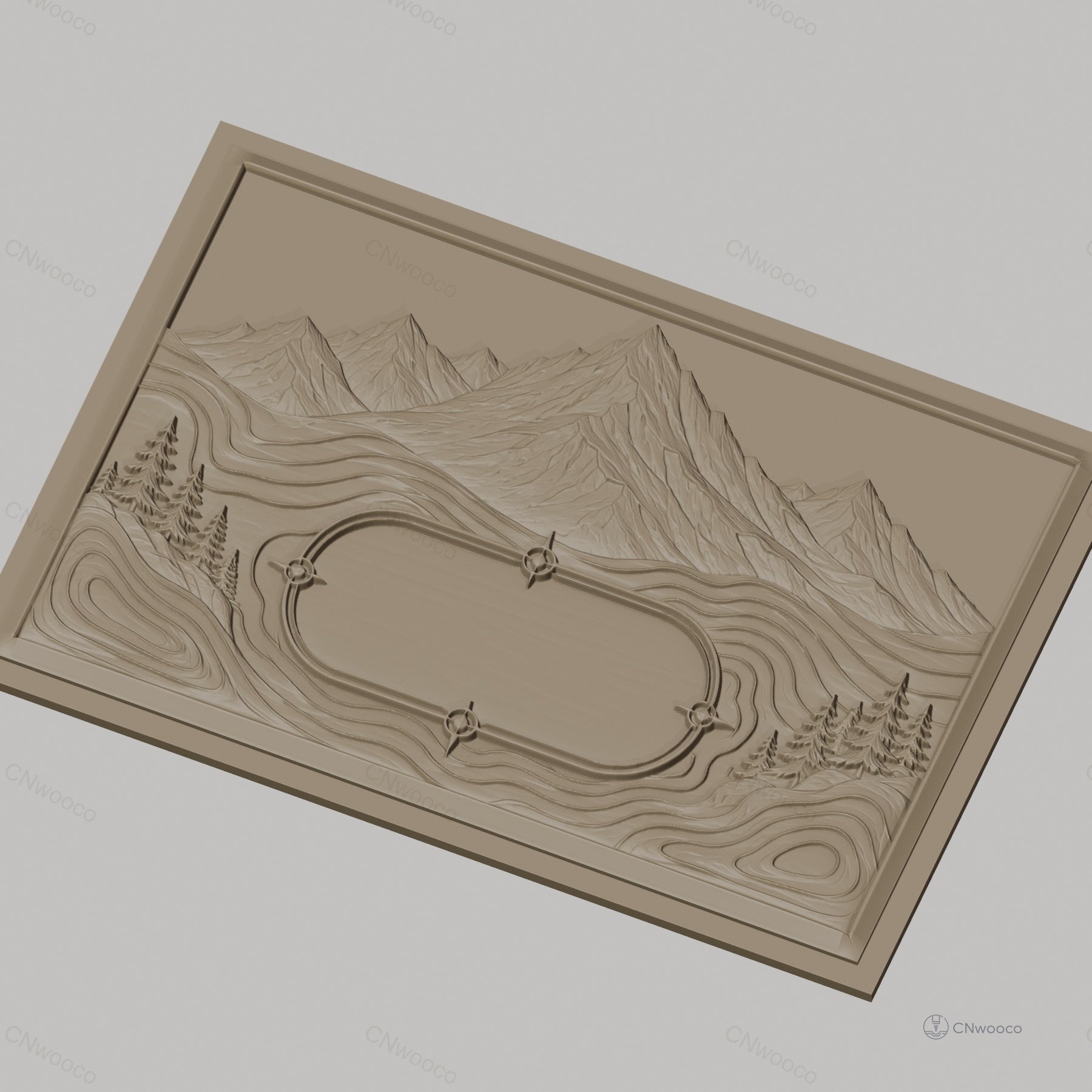 Fichier CNC & impression 3D paysage montagneux avec pins et espace texte, haute qualité relief STL