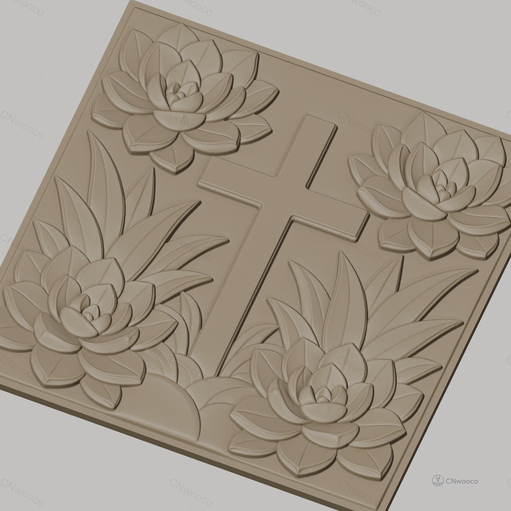 Fichier CNC & impression 3D croix et lotus, fleurs relief artistique, haute qualité relief STL