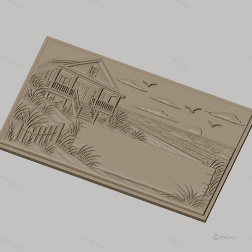 Fichier CNC & impression 3D maison en bord de mer, plage, coucher de soleil et oiseaux, haute qualité relief STL