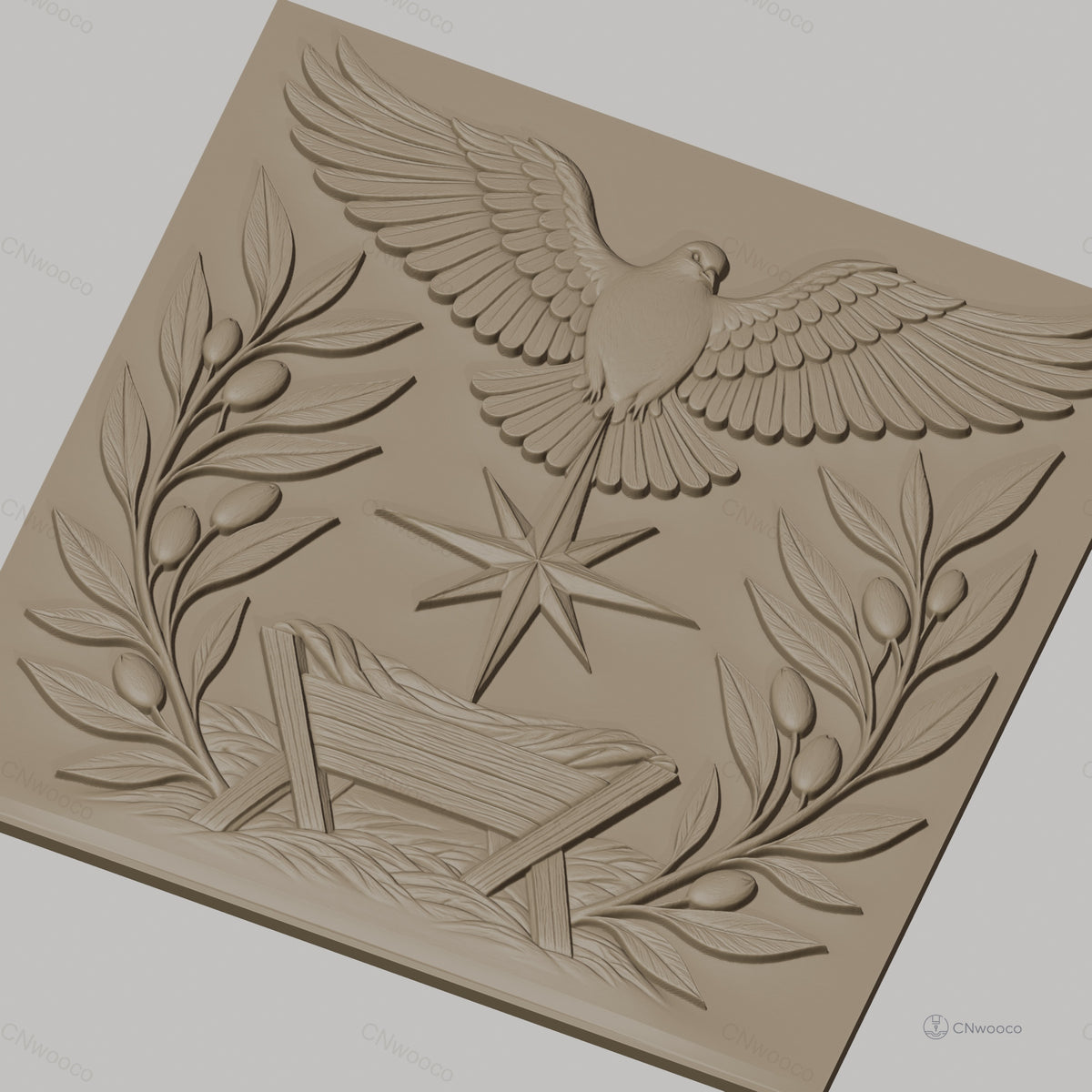 Fichier CNC & impression 3D scène de la nativité, colombe, étoile, mangeoire et branches d'olivier, haute qualité relief STL