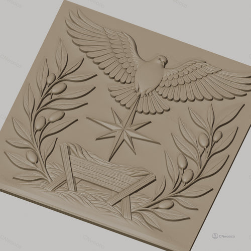 Fichier CNC & impression 3D scène de la nativité, colombe, étoile, mangeoire et branches d'olivier, haute qualité relief STL