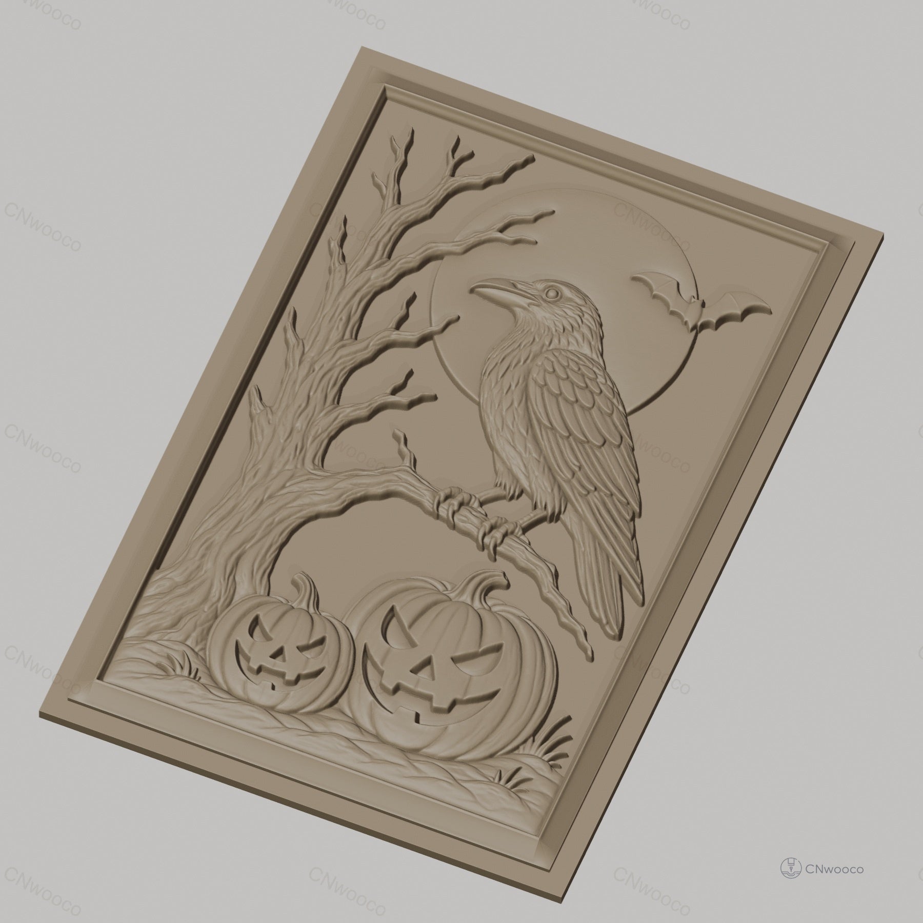 Fichier CNC & impression 3D Halloween, citrouilles, corbeau, arbre, chauve-souris, lune, haute qualité relief STL
