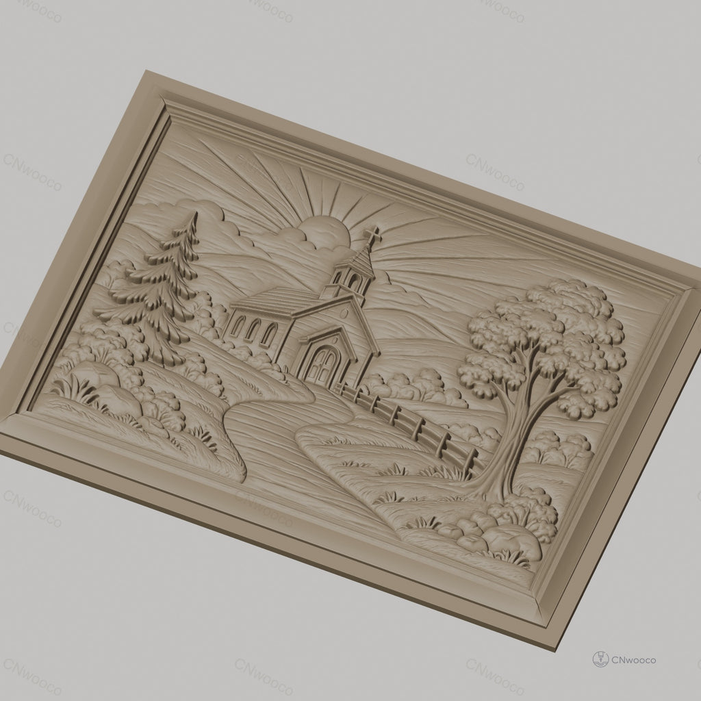 Fichier CNC & impression 3D église de campagne, paysage religieux avec soleil et arbres, haute qualité relief STL