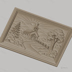 Fichier CNC & impression 3D église de campagne, paysage religieux avec soleil et arbres, haute qualité relief STL