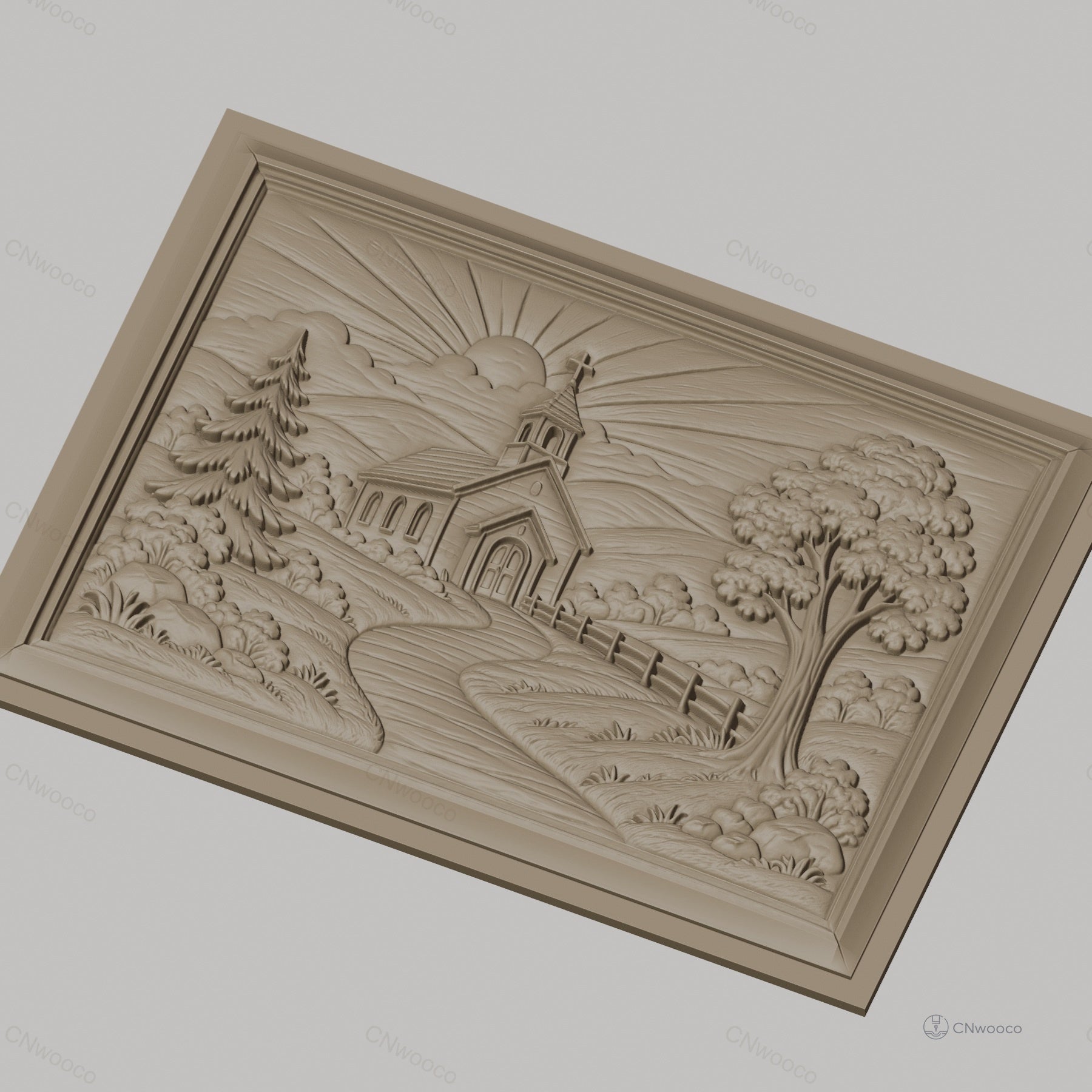 Fichier CNC & impression 3D église de campagne, paysage religieux avec soleil et arbres, haute qualité relief STL