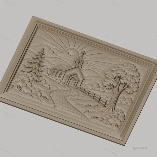 Fichier CNC & impression 3D église de campagne, paysage religieux avec soleil et arbres, haute qualité relief STL