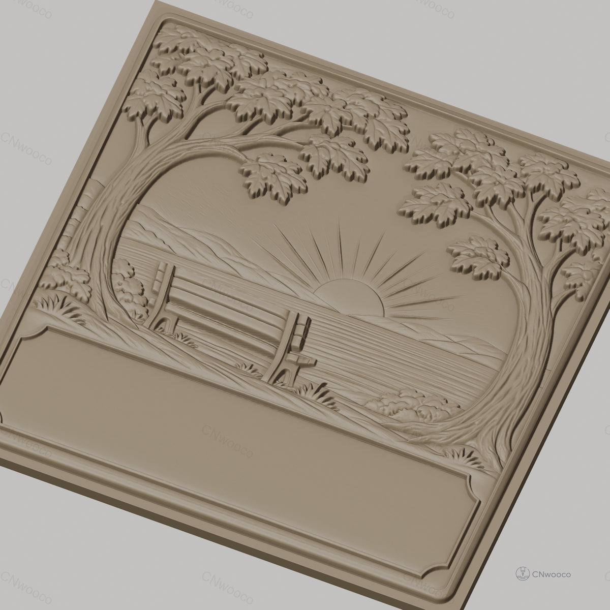 Fichier CNC & impression 3D paysage banc coucher de soleil arbres cadre vide haute qualité relief STL