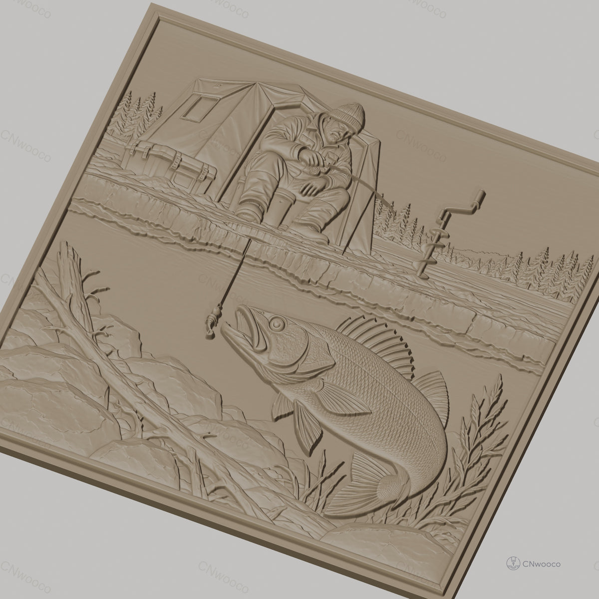 Fichier CNC & impression 3D pêche blanche, homme avec tente et poisson sous glace, haute qualité relief STL