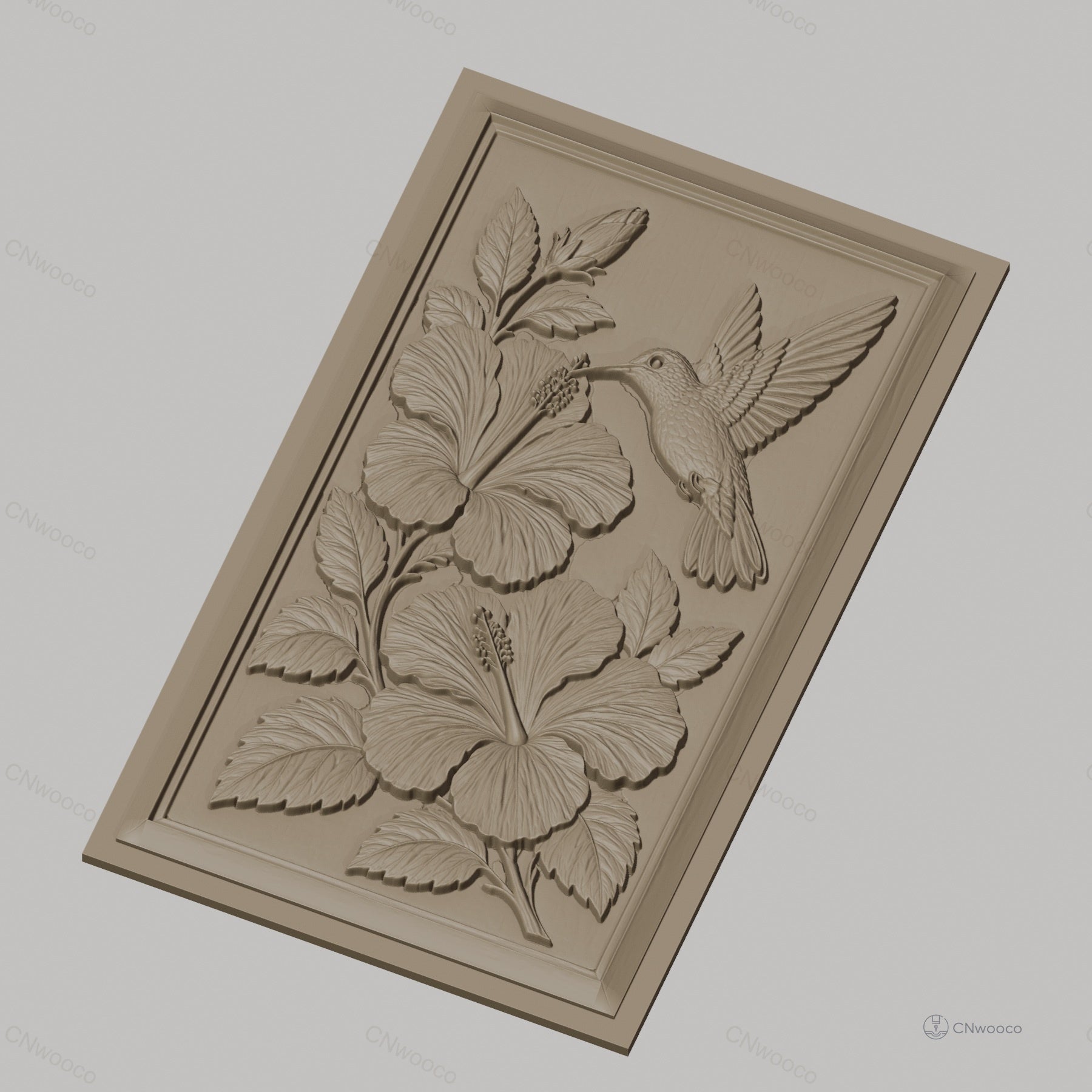 Fichier CNC & impression 3D colibri et fleurs d'hibiscus, feuilles détaillées haute qualité relief STL