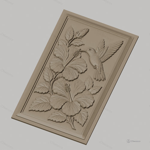 Fichier CNC & impression 3D colibri et fleurs d'hibiscus, feuilles détaillées haute qualité relief STL