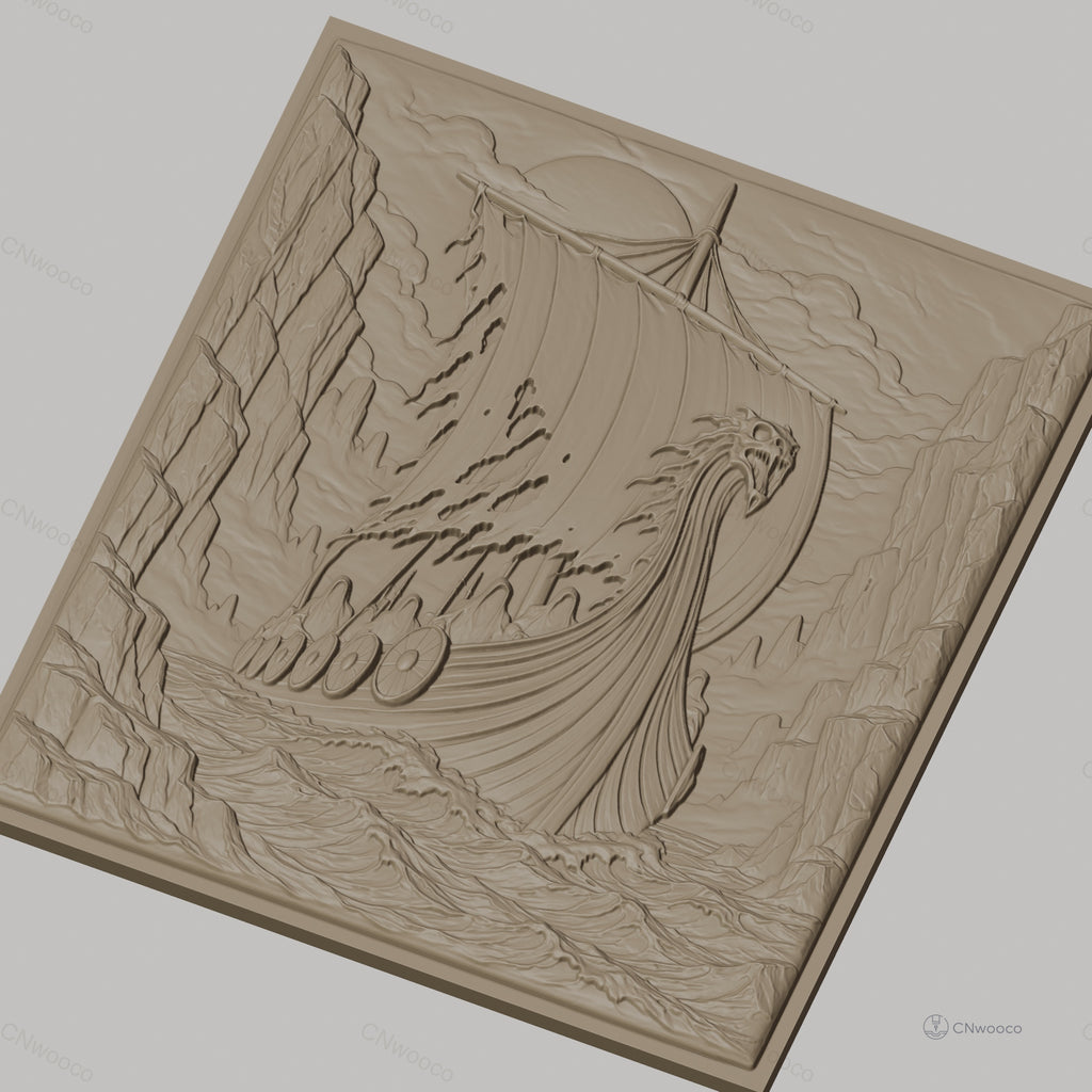 Fichier CNC & impression 3D bateau viking, voile déchirée, boucliers, relief marin, haute qualité relief STL