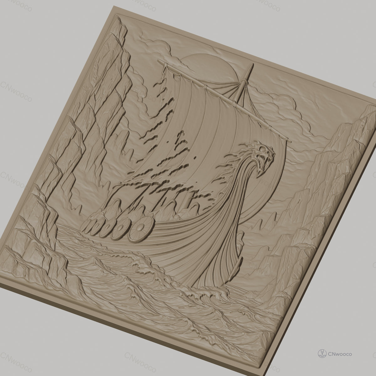 Fichier CNC & impression 3D bateau viking, voile déchirée, boucliers, relief marin, haute qualité relief STL