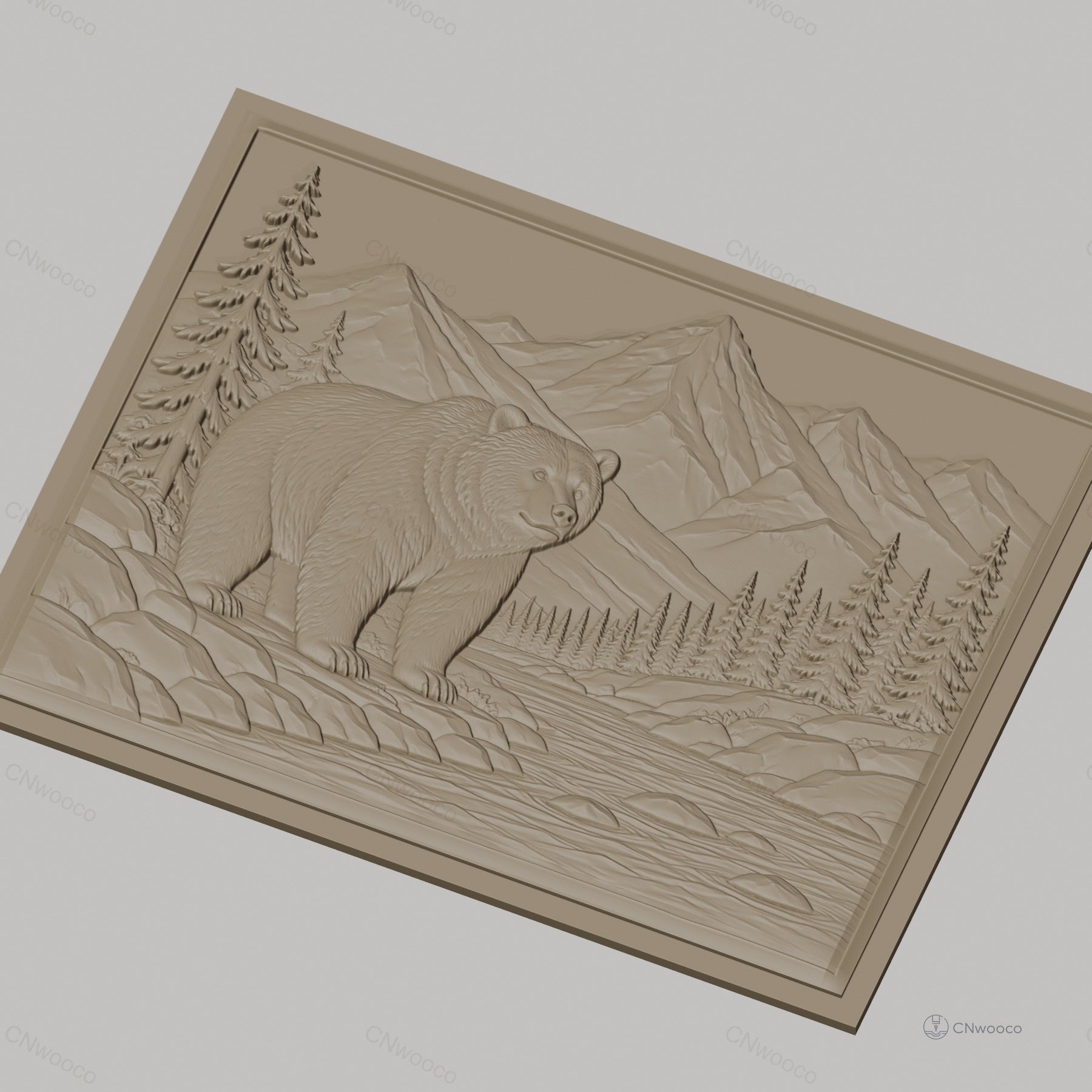 Fichier CNC & impression 3D relief ours, montagnes, rivière et pins, haute qualité relief STL