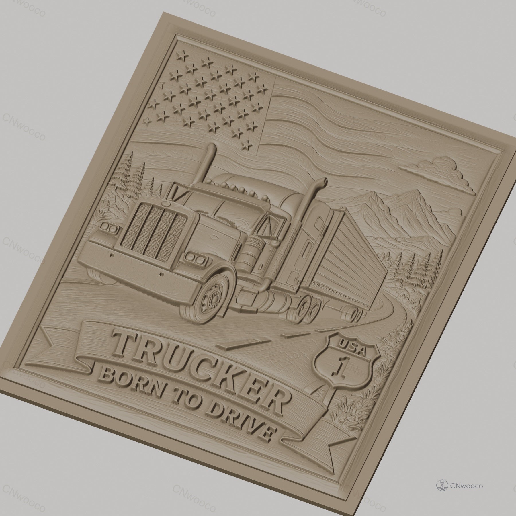Fichier CNC & impression 3D camion routier, drapeau américain, montagne, route USA haute qualité relief STL