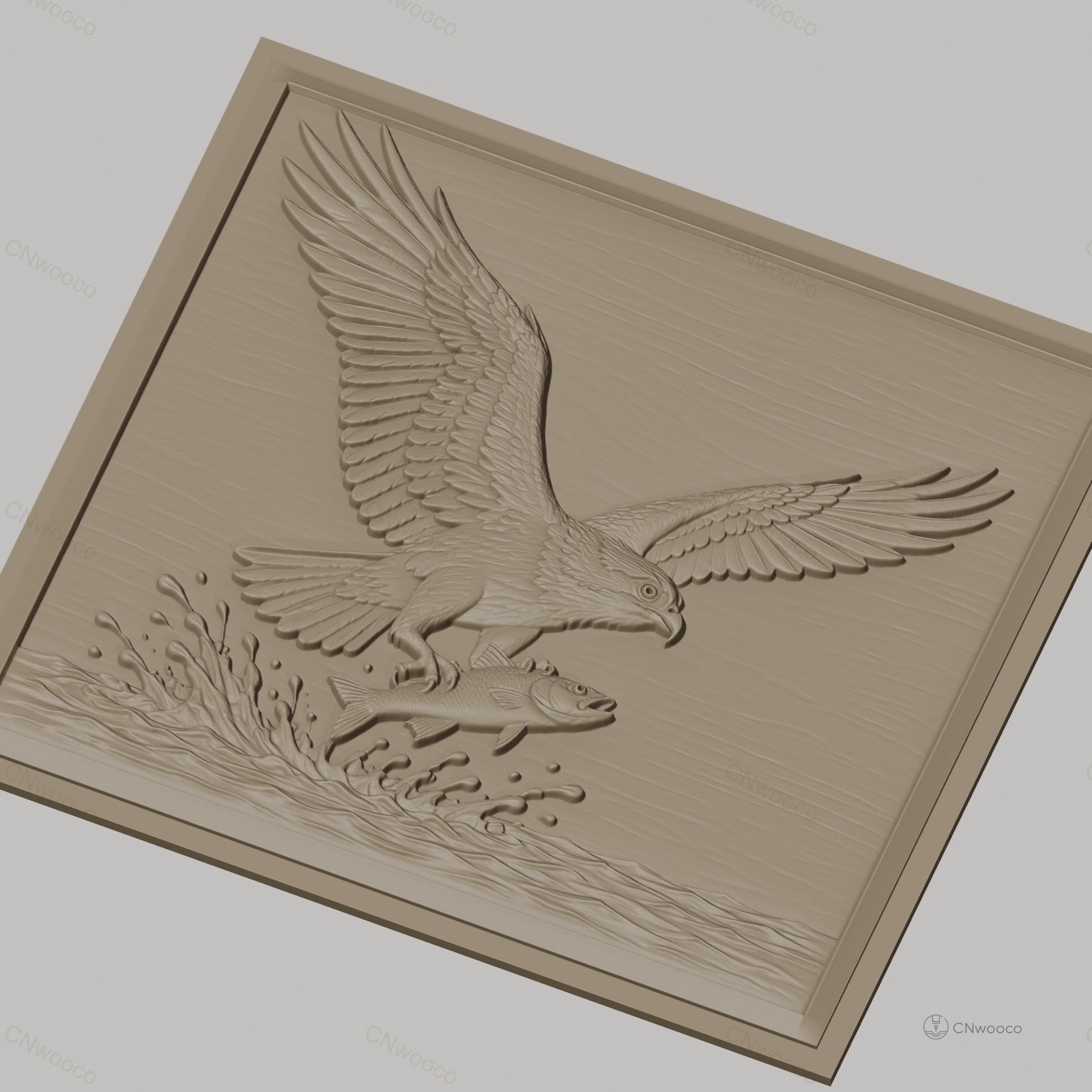 Fichier CNC & impression 3D aigle avec poisson et éclaboussures d'eau, haute qualité relief STL