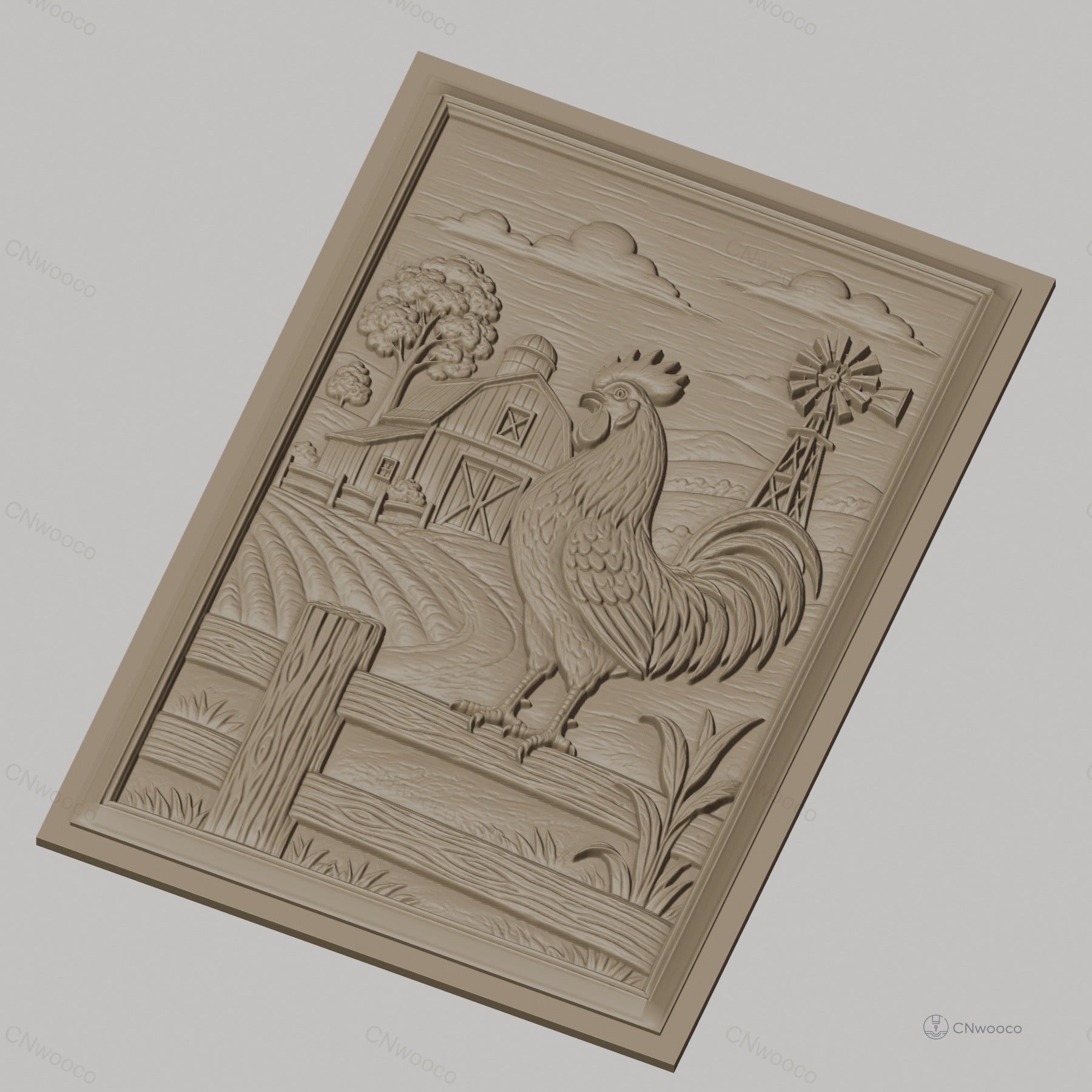Fichier CNC & impression 3D coq à la ferme, moulin à vent et bâtiment agricole, haute qualité relief STL
