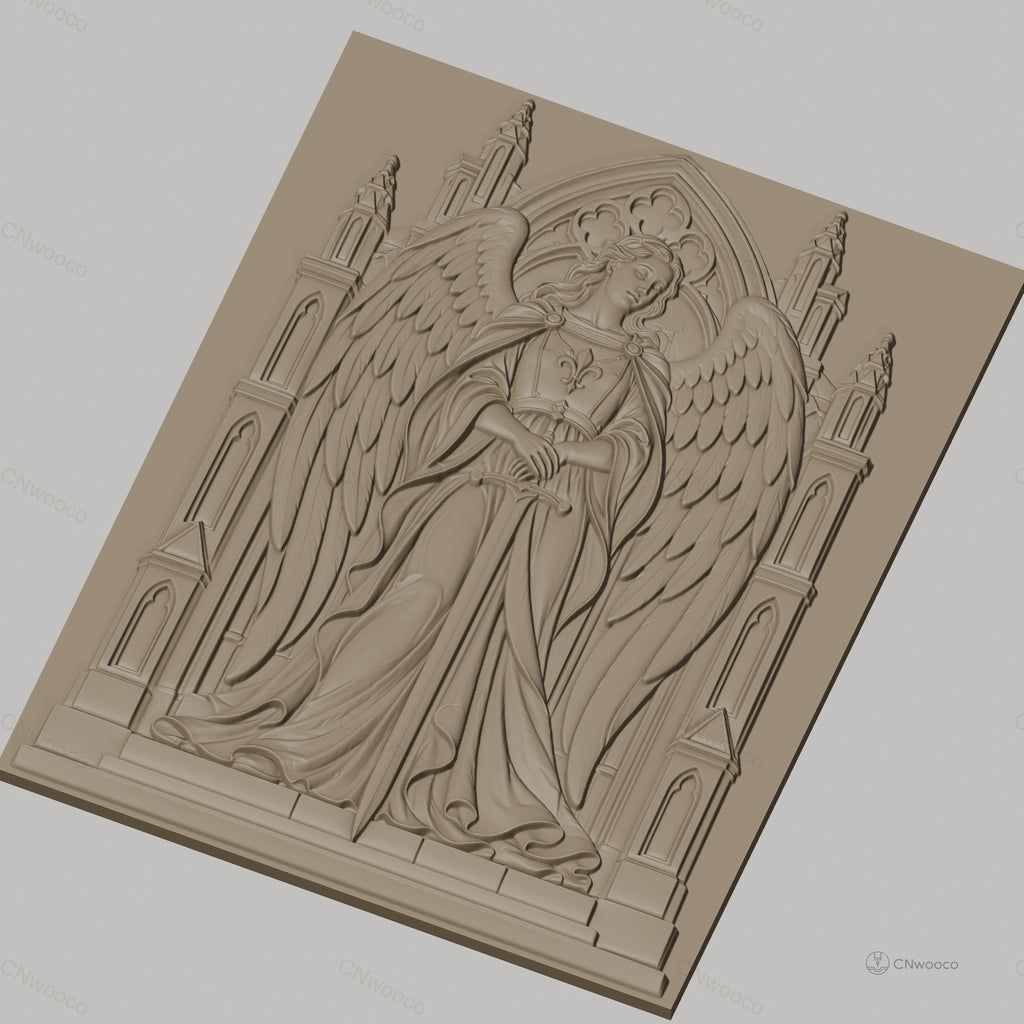 Fichier CNC & impression 3D ange gardien avec épée et architecture gothique, haute qualité relief STL
