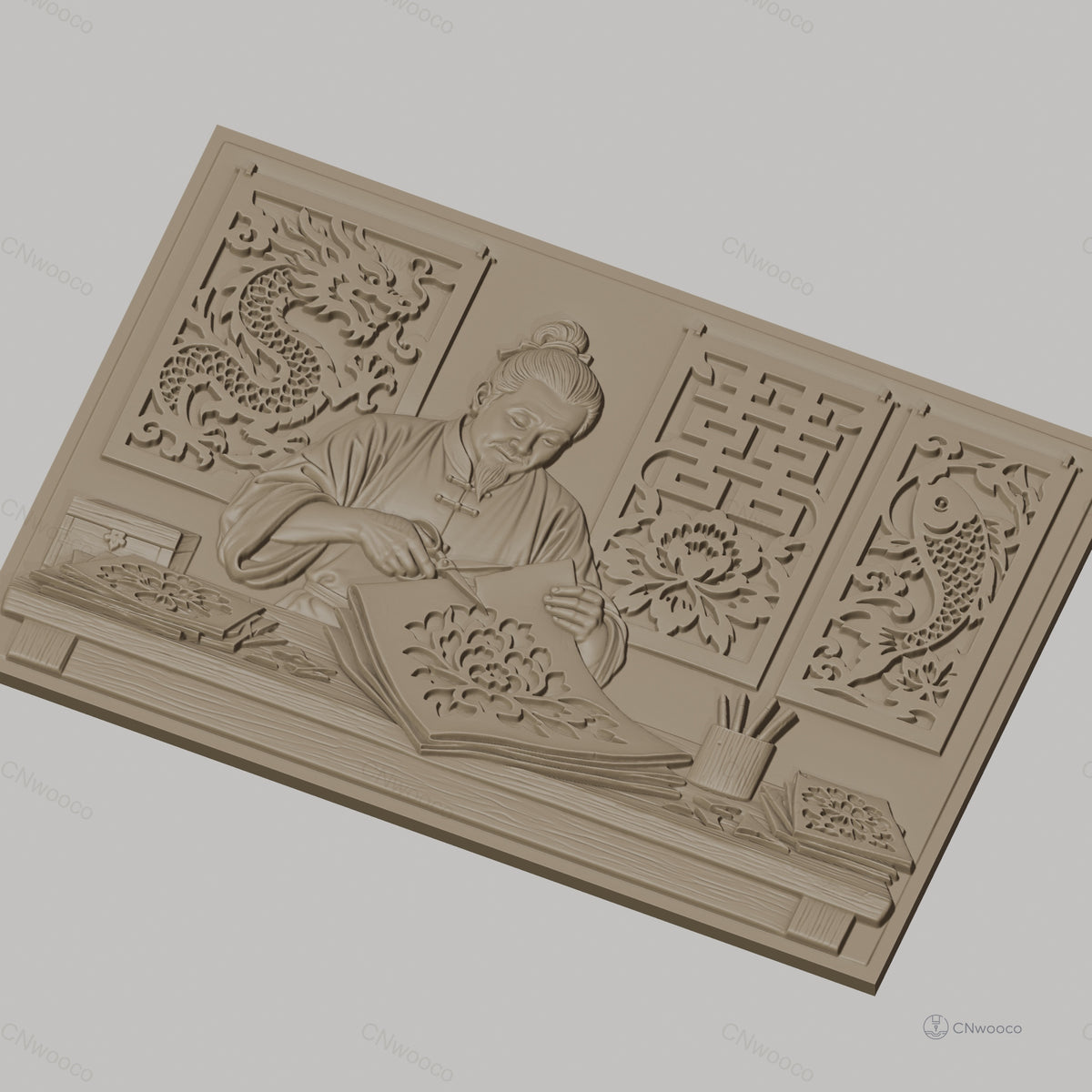 Fichier CNC & impression 3D artisan chinois découpage papier, fleurs, dragon, poisson, haute qualité relief STL
