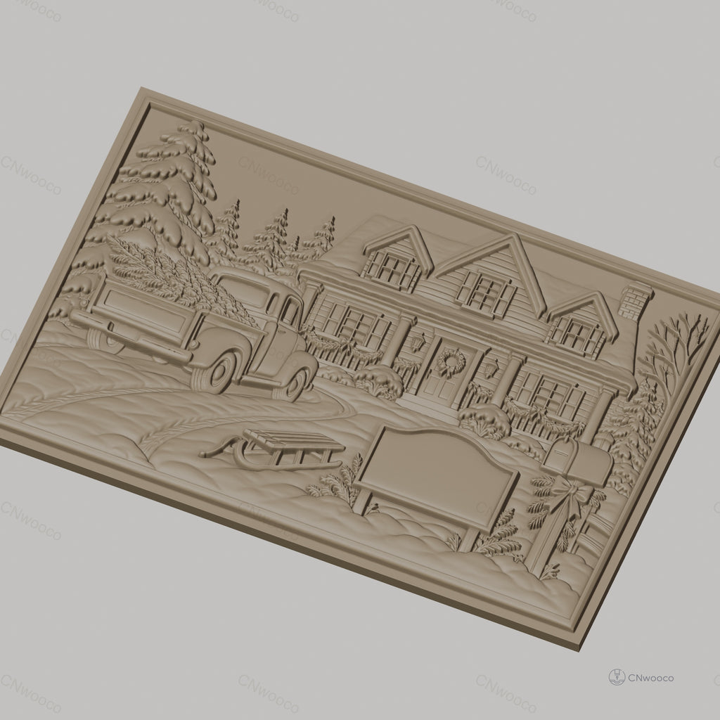 Fichier CNC & impression 3D maison de Noël, camion avec sapins, luge, boîte aux lettres, haute qualité relief STL