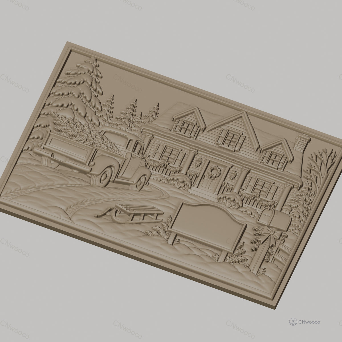 Fichier CNC & impression 3D maison de Noël, camion avec sapins, luge, boîte aux lettres, haute qualité relief STL