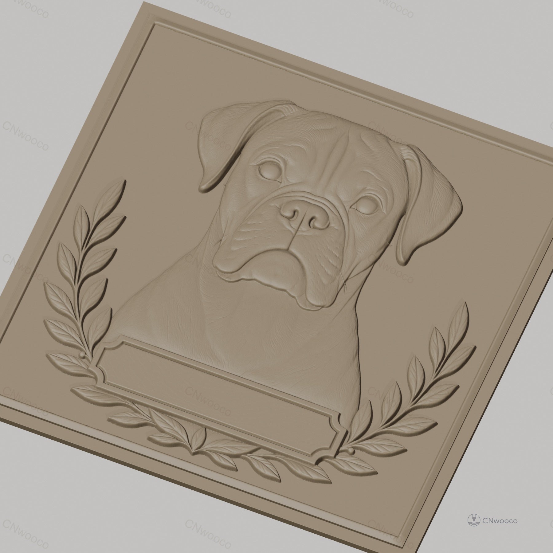 Fichier CNC & impression 3D chien boxer portrait cadre feuilles décoration haute qualité relief STL