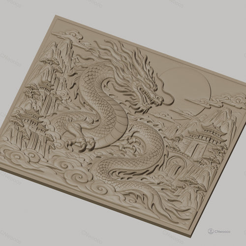 Fichier CNC & impression 3D dragon chinois, montagnes, temple, nuages, haute qualité relief STL