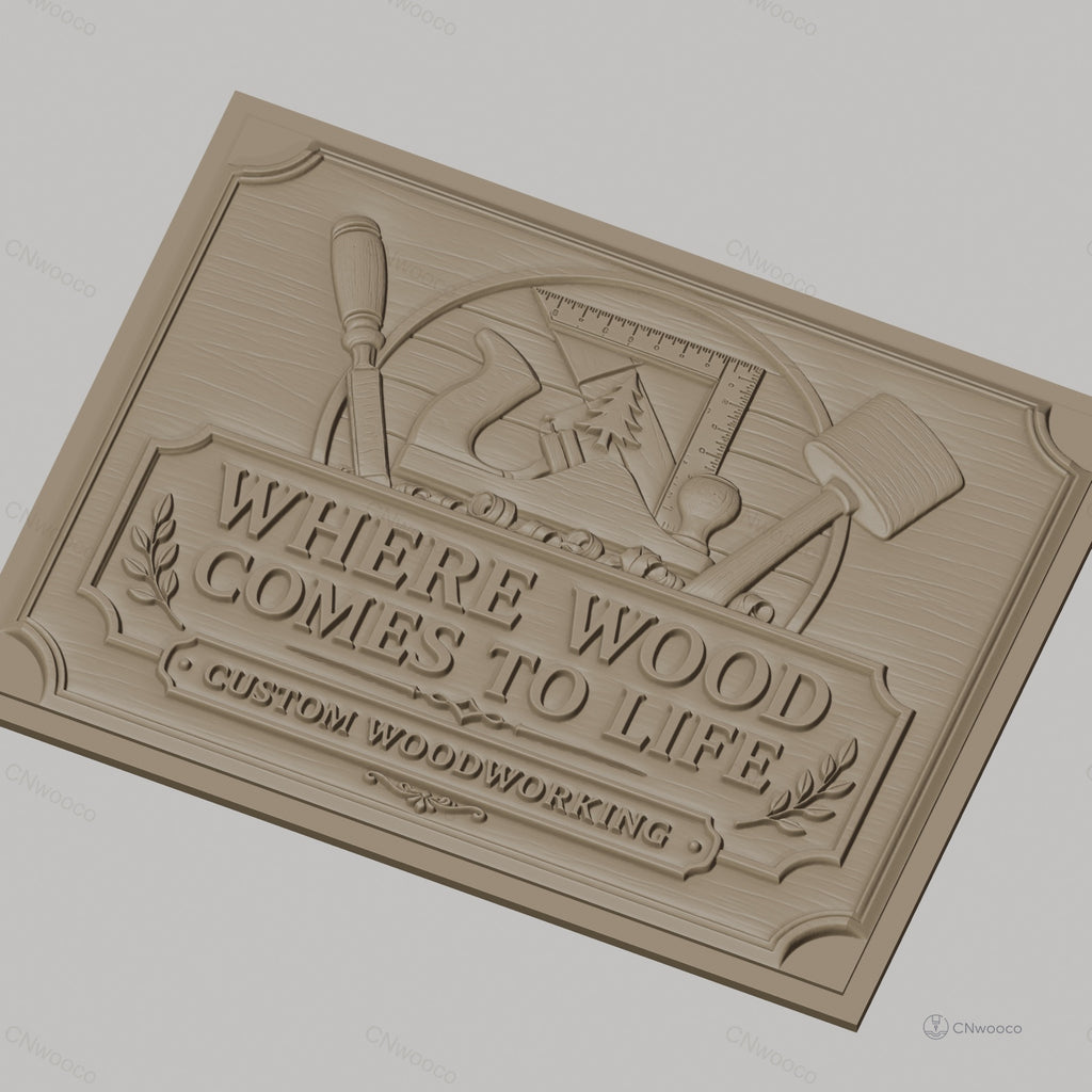 Fichier CNC & impression 3D panneau bois, outils de menuiserie et texte en relief, haute qualité relief STL