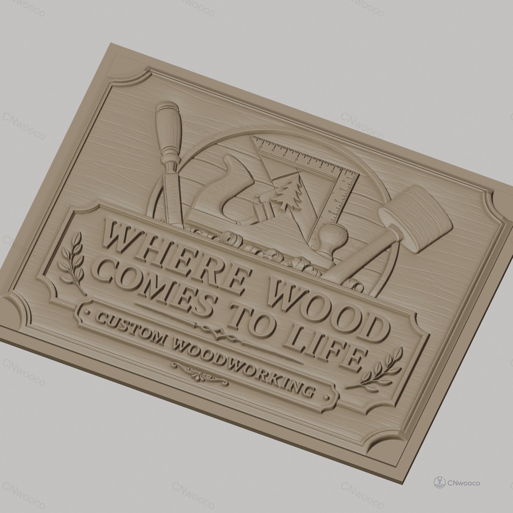 Fichier CNC & impression 3D panneau bois, outils de menuiserie et texte en relief, haute qualité relief STL