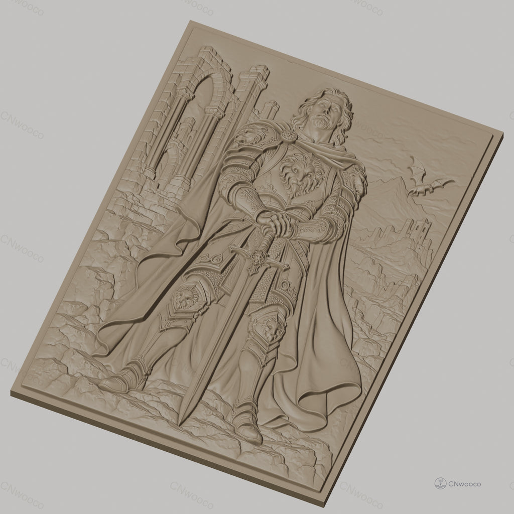 Fichier CNC & impression 3D chevalier en armure avec épée, château et dragon, haute qualité relief STL