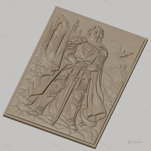 Fichier CNC & impression 3D chevalier en armure avec épée, château et dragon, haute qualité relief STL