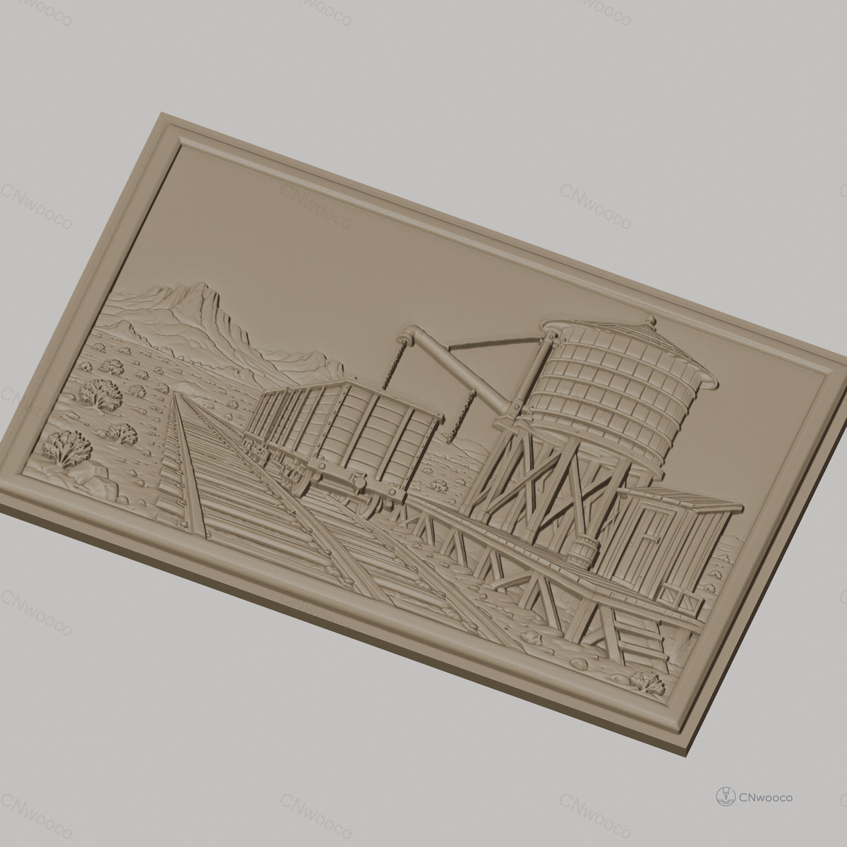 Fichier CNC & impression 3D scène ferroviaire avec wagon et réservoir d'eau, haute qualité relief STL
