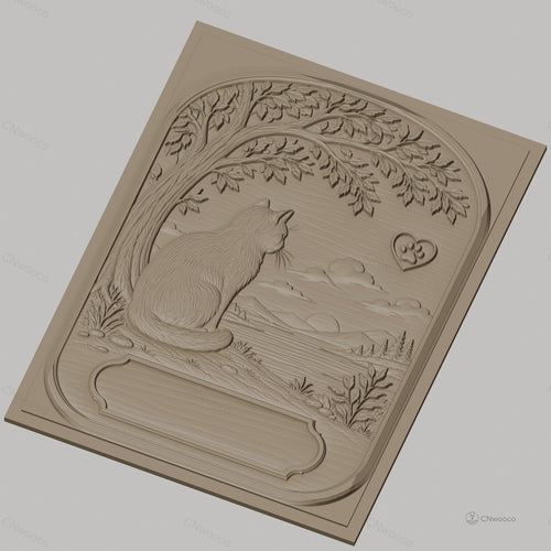 Fichier CNC & impression 3D chat contemplatif, paysage naturel, arbre et silhouette montagne, haute qualité relief STL
