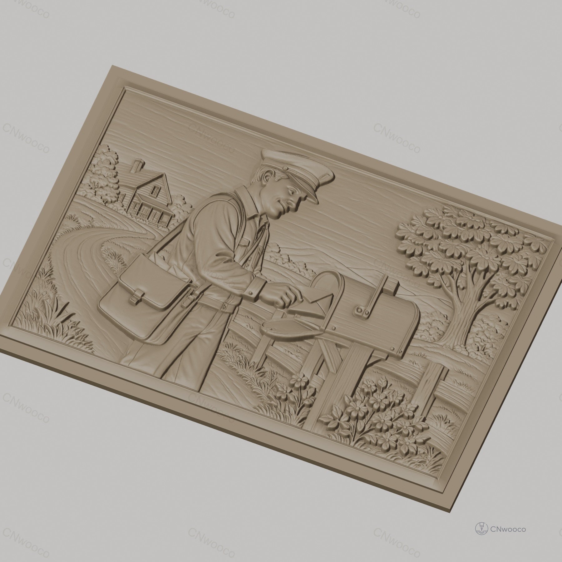 Fichier CNC & impression 3D facteur, boîte aux lettres, paysage campagne, haute qualité relief STL