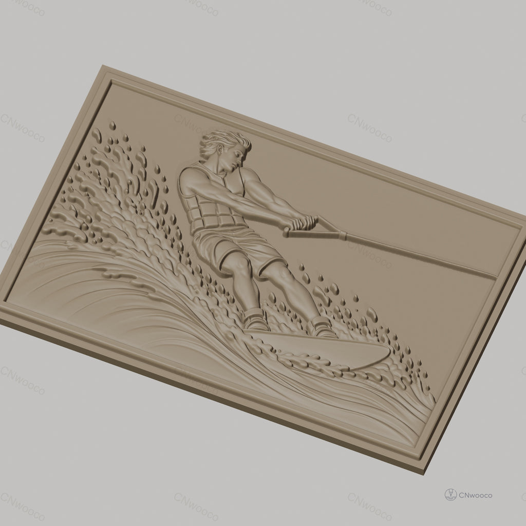 Fichier CNC & impression 3D skieur nautique, homme en action avec éclaboussures d'eau, haute qualité relief STL