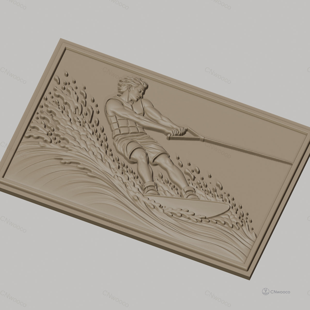 Fichier CNC & impression 3D skieur nautique, homme en action avec éclaboussures d'eau, haute qualité relief STL