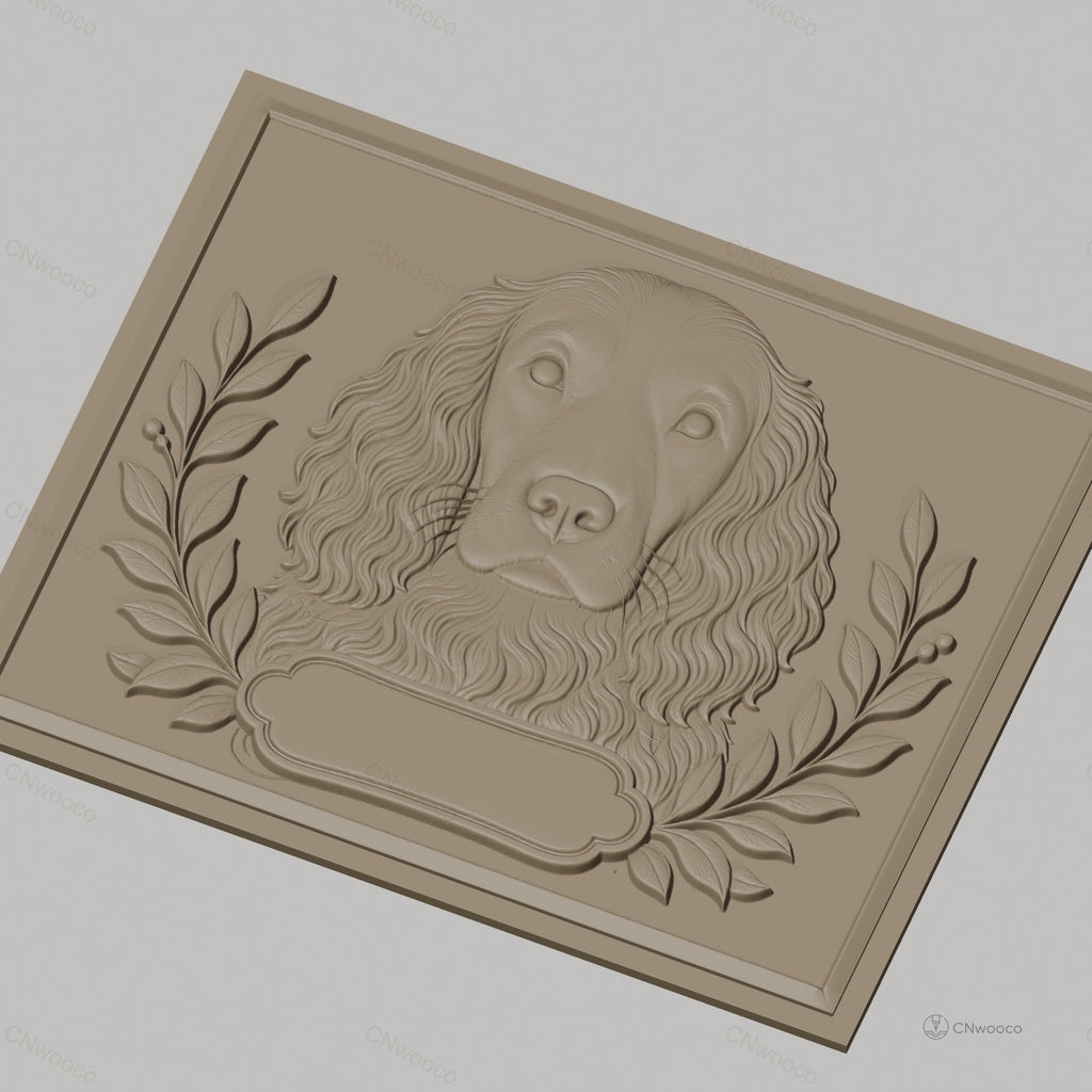 Fichier CNC & impression 3D chien épagneul avec feuilles décoratives, haute qualité relief STL