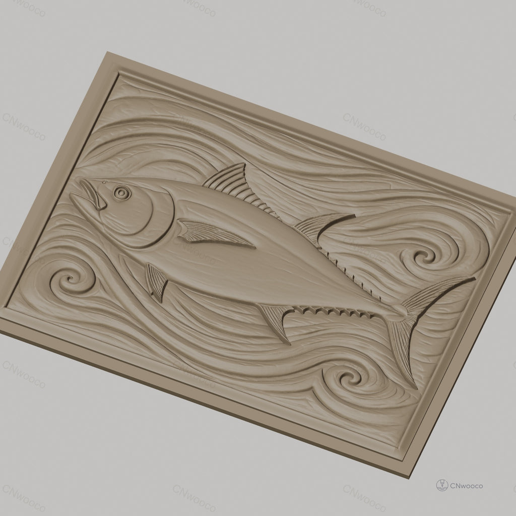 Fichier CNC & impression 3D poisson thon, relief avec vagues stylisées, haute qualité relief STL