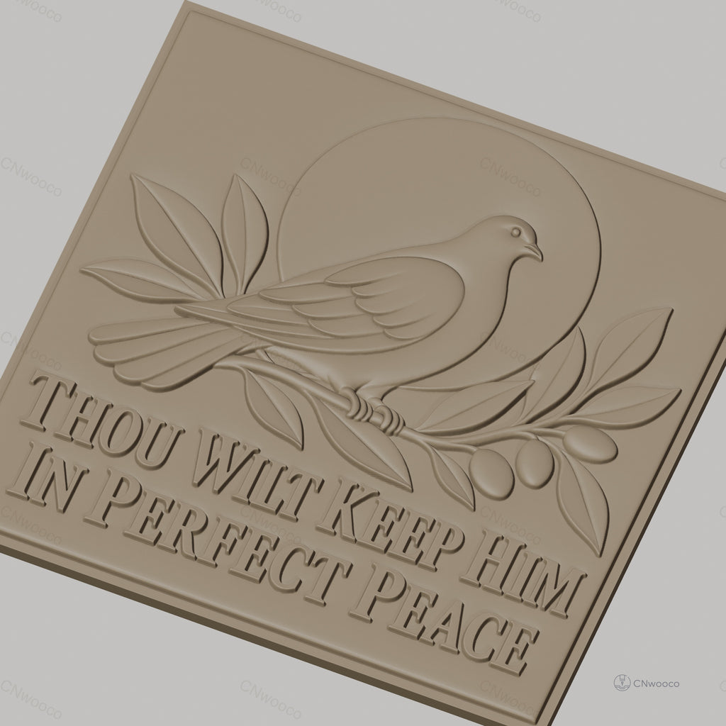Fichier CNC & impression 3D Colombe sur branche avec olives, message paix parfaite, haute qualité relief STL