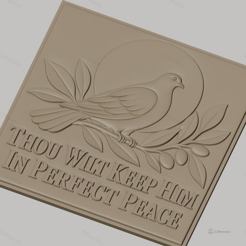 Fichier CNC & impression 3D Colombe sur branche avec olives, message paix parfaite, haute qualité relief STL