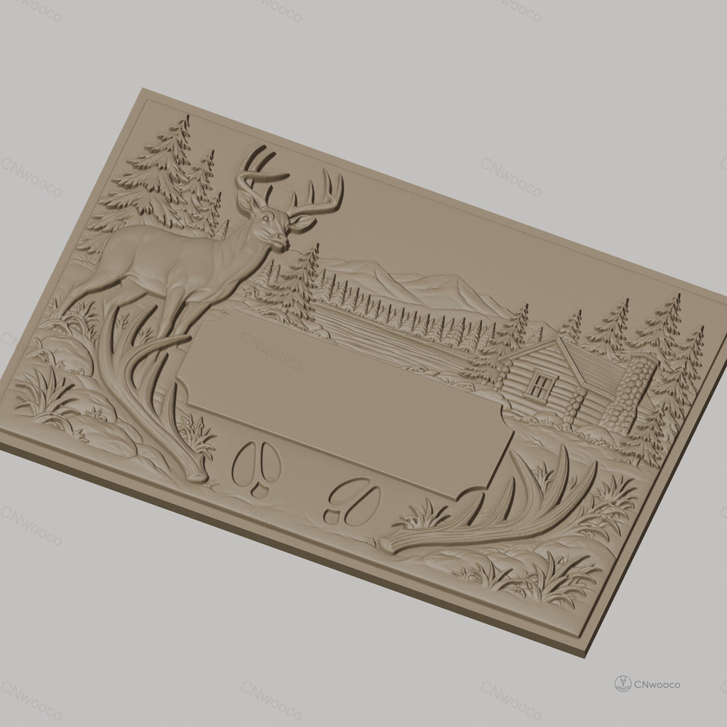 Fichier CNC & impression 3D paysage nature avec cerf, cabane en bois et montagnes, haute qualité relief STL