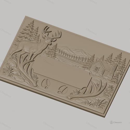 Fichier CNC & impression 3D paysage nature avec cerf, cabane en bois et montagnes, haute qualité relief STL
