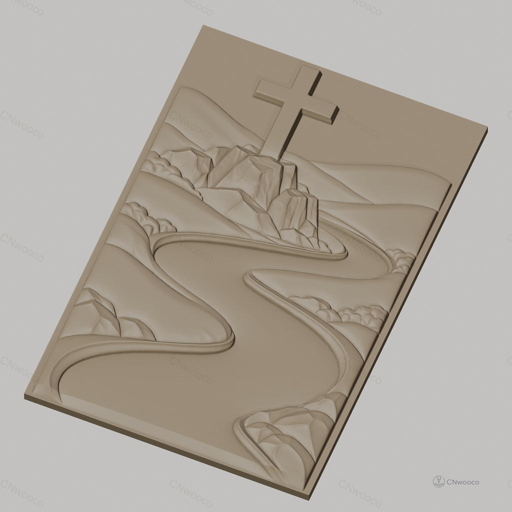 Fichier CNC & impression 3D chemin de rivière et croix sur rocher, paysage montagneux, haute qualité relief STL