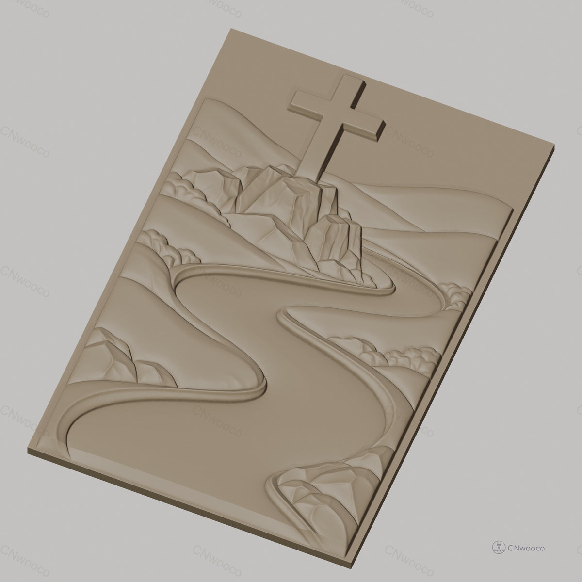 Fichier CNC & impression 3D chemin de rivière et croix sur rocher, paysage montagneux, haute qualité relief STL