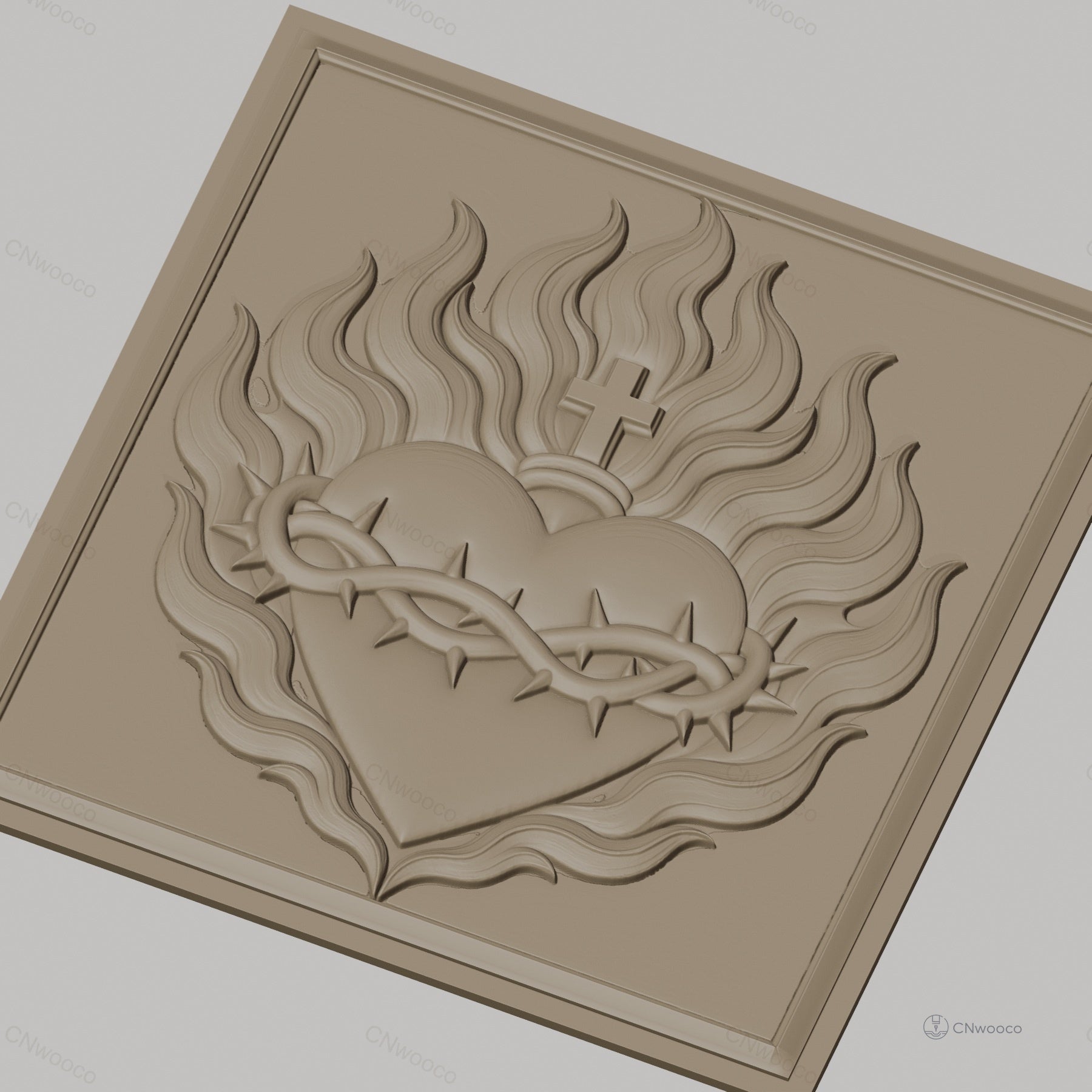 Fichier CNC & impression 3D Sacré Cœur, cœur enflammé avec couronne d'épines et croix, haute qualité relief STL