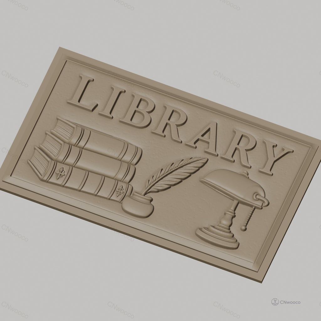 Fichier CNC & impression 3D bibliothèque, livres empilés, plume en encrier, lampe vintage, haute qualité relief STL
