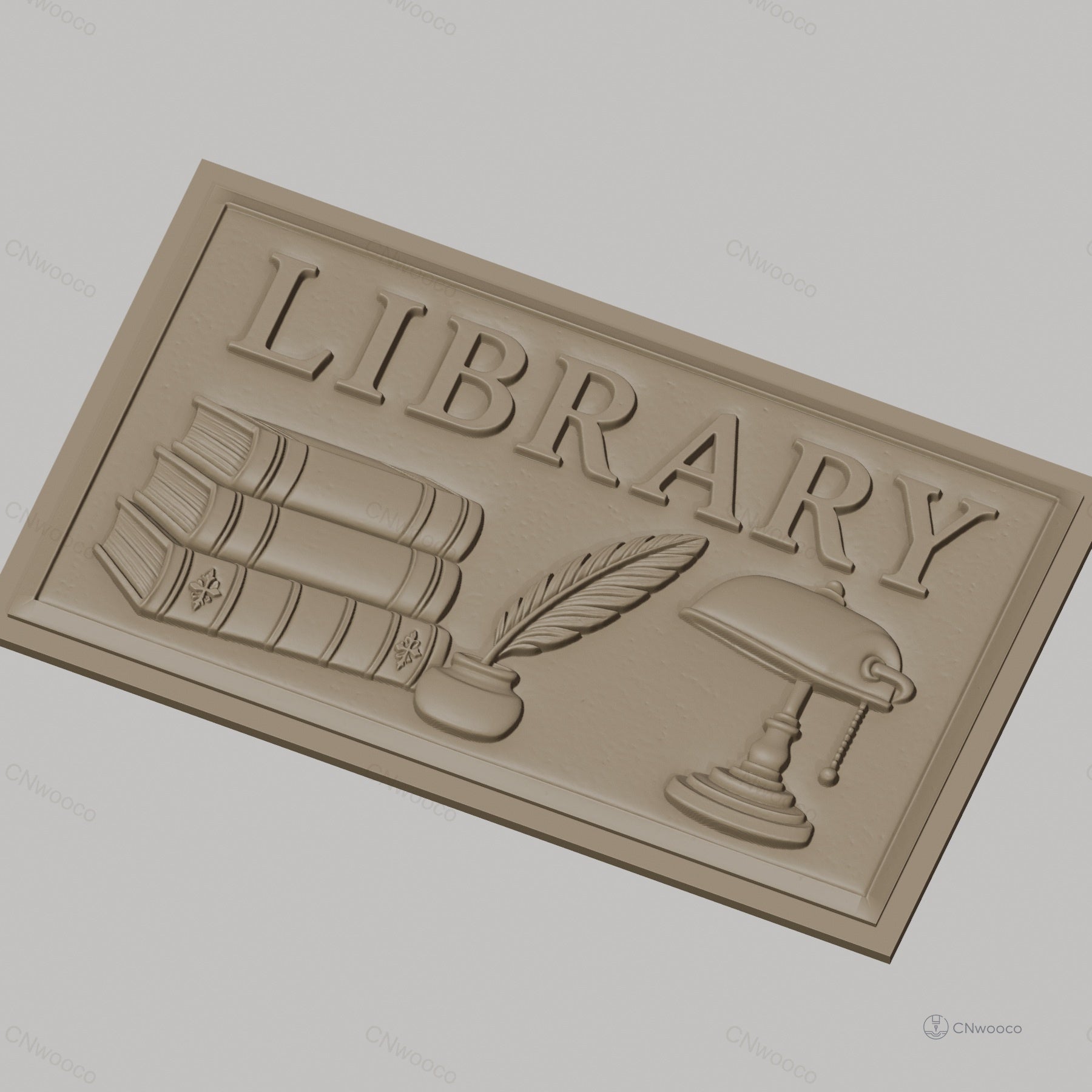 Fichier CNC & impression 3D bibliothèque, livres empilés, plume en encrier, lampe vintage, haute qualité relief STL