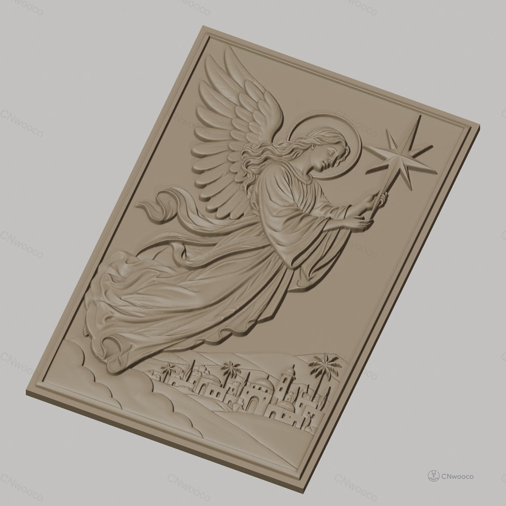 Fichier CNC & impression 3D ange avec étoile et village, haute qualité relief STL