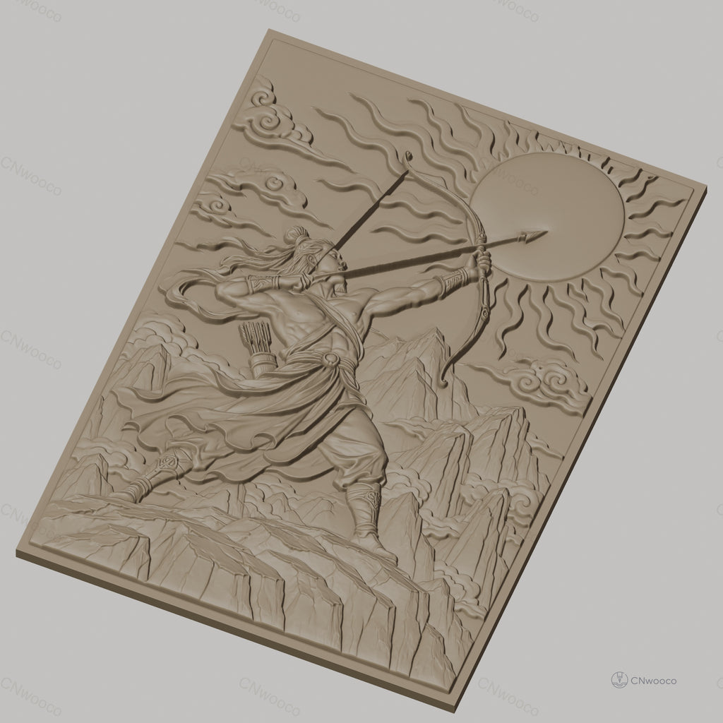 Fichier CNC & impression 3D archer mythologique, montagne, soleil, nuages, haute qualité relief STL